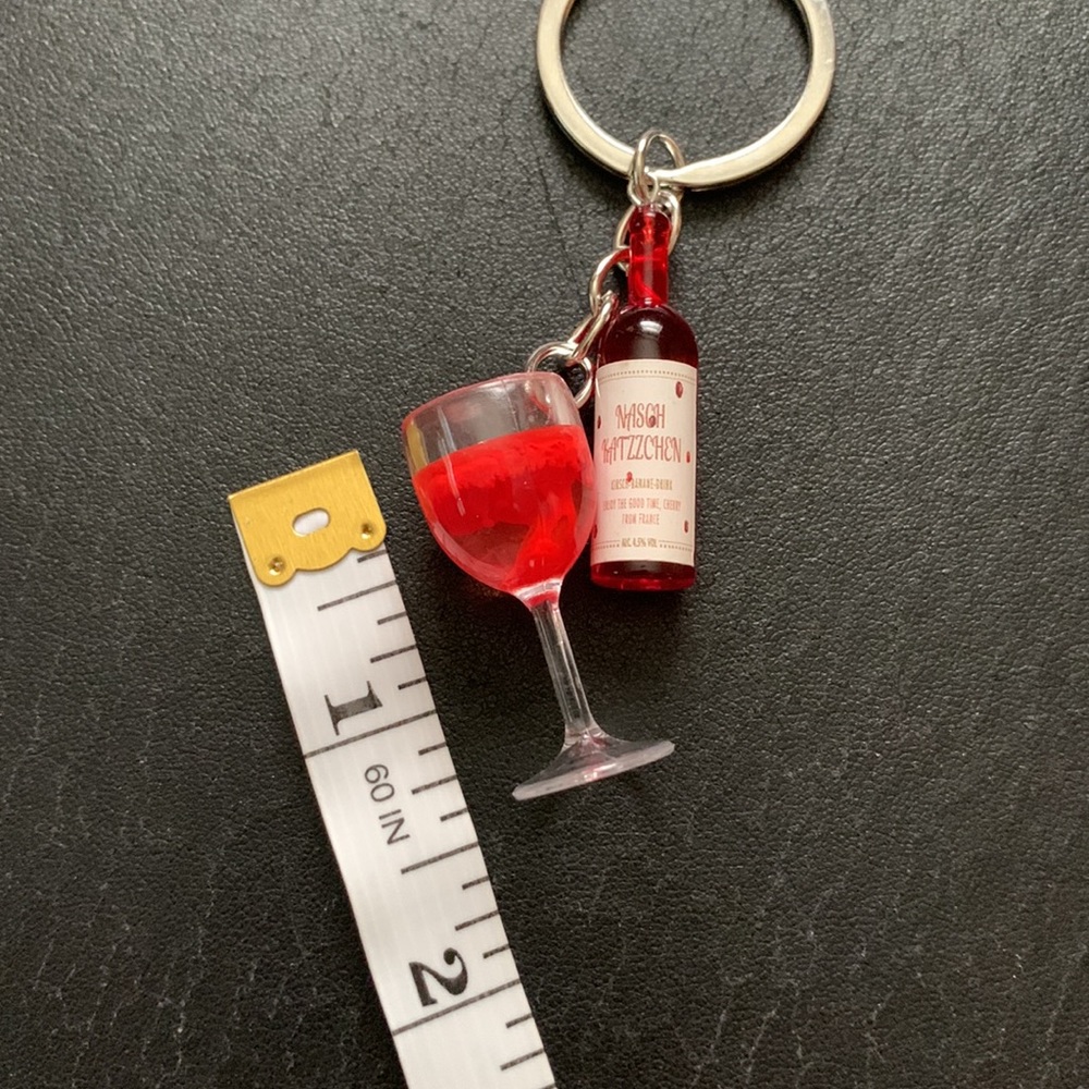NEW!🍒 KEYRING Red Cherry Wine Glass & Wine Bottle Charms Keychain / Purse Charm - Picture 4 of 7